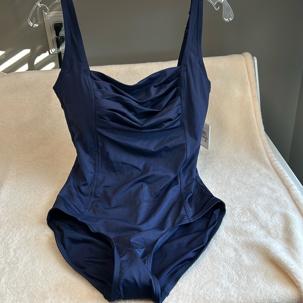 Calvin Klein NWT Shirred Top One Piece Navy Swimsuit Size 12